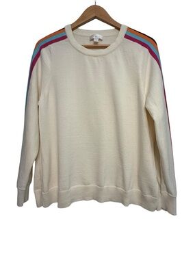 Belle by Kim Gravel Rainbow Stripe Sleeve Sweater L Ivory Preppy Coastal Chic